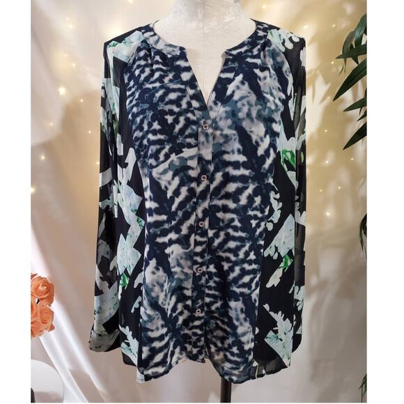 Calvin Klein Mixed Print Roll Sleeve Blouse Womens Size XL Career Office Top - Picture 2 of 12